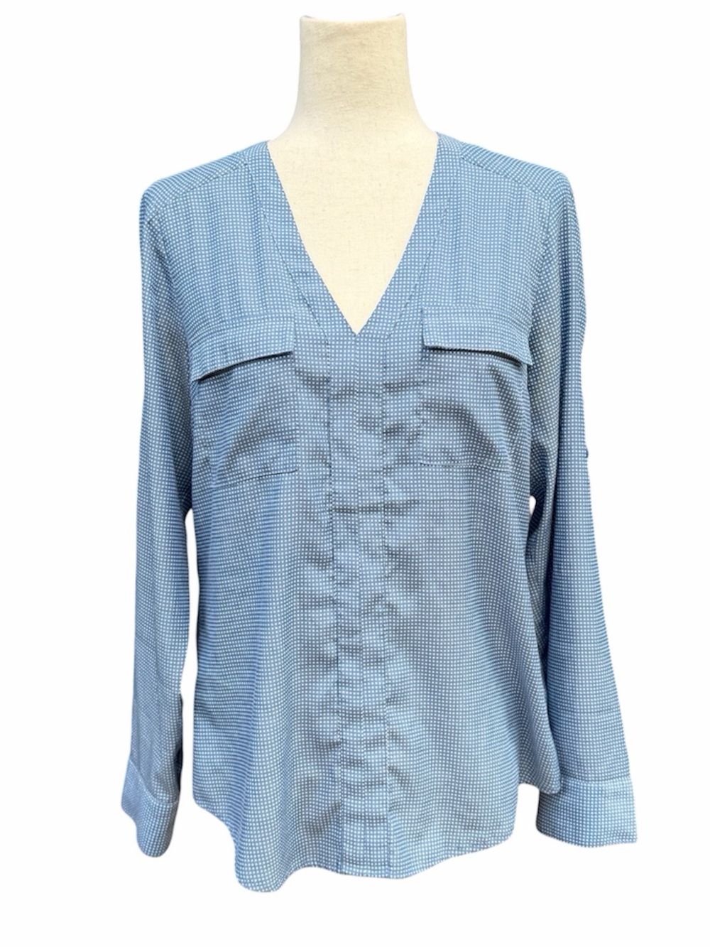 Express Cornflower Polka Dot Light Blue V-Neck Long Sleeve Women's Blouse Top M